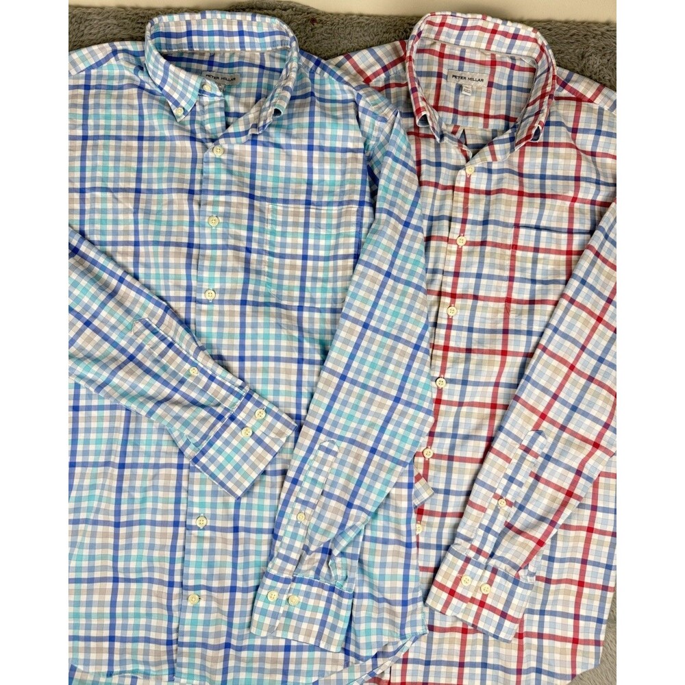 Lot 2 Peter Millar Walker Crown Lite Sport Shirt Men M Plaid Stretch Button Down